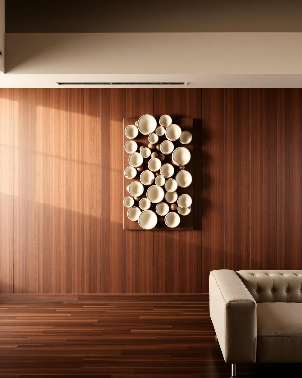 Warm interior with sculptural acoustic wall
